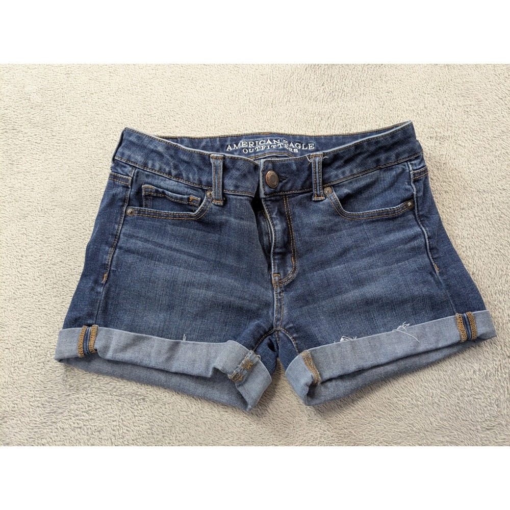 American Eagle Midi Denim Shorts Womens 4 Dark Wash 360 Super Stretch Cuffed 29